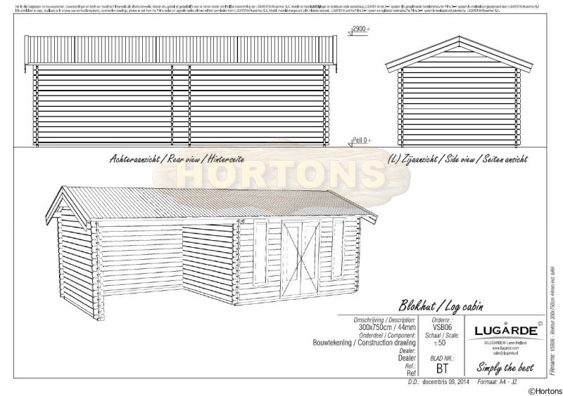 7.5m x 3m Lugarde Log Cabin with side veranda